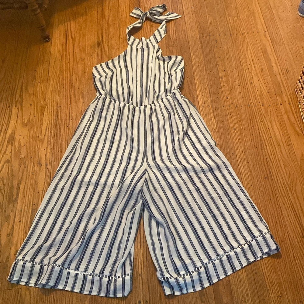 NWT New York & Company Halter Style Jumpsuit Partially Lined Stripes Blue M